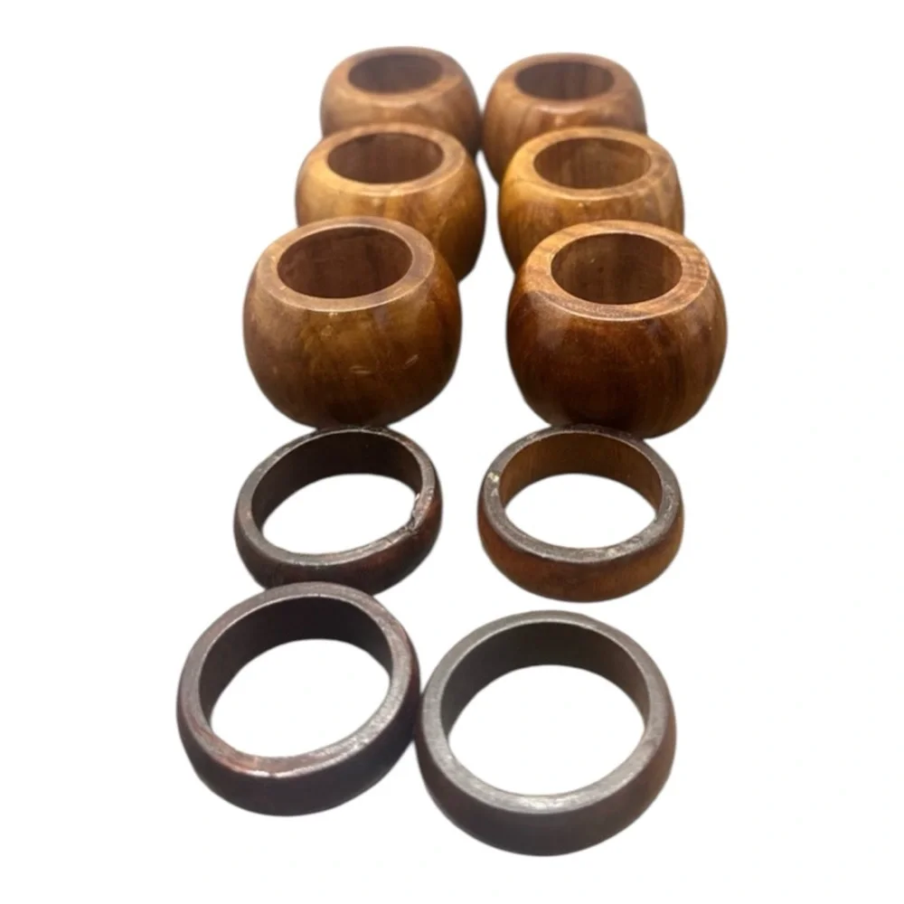 Vintage Mid-Century Modern Wooden Napkin Ring Set - 10 Piece